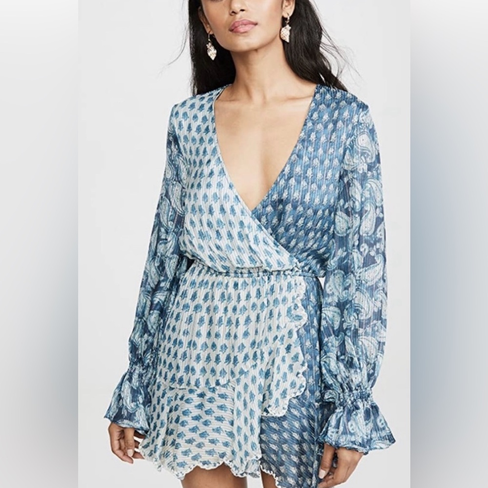 Hemant & Nandita  Dress Size L Kaiyo Long Sleeve Blue Silver Metallic Wrap Mini - Picture 15 of 15